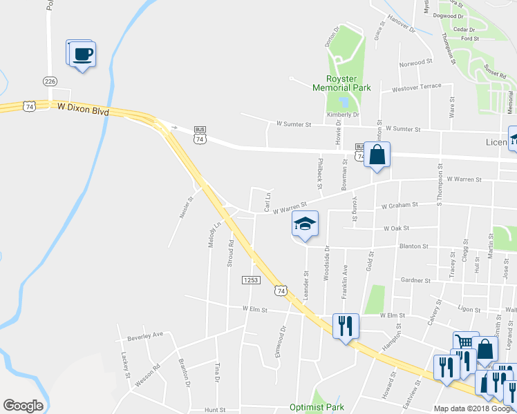 map of restaurants, bars, coffee shops, grocery stores, and more near 116 Carl Lane in Shelby