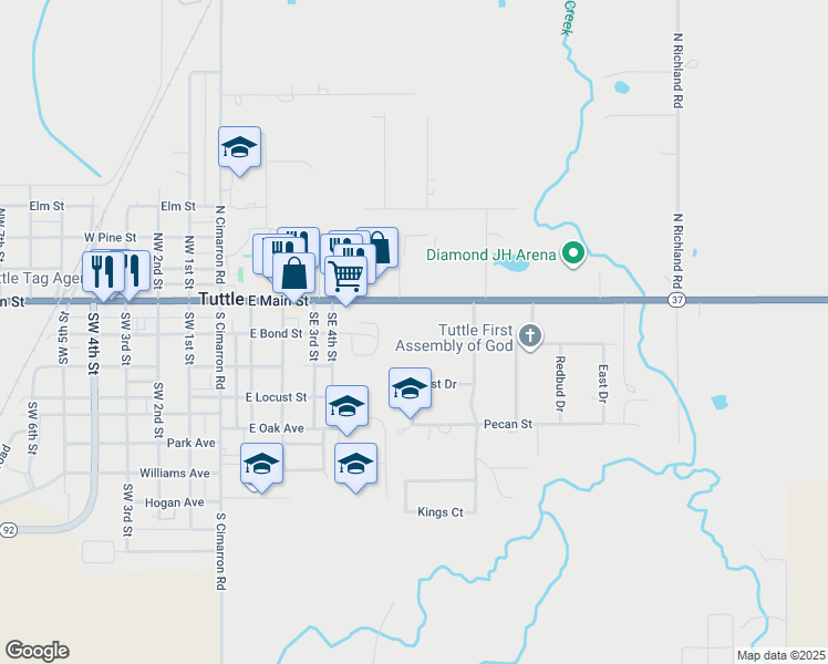 map of restaurants, bars, coffee shops, grocery stores, and more near 510 East Main Street in Tuttle