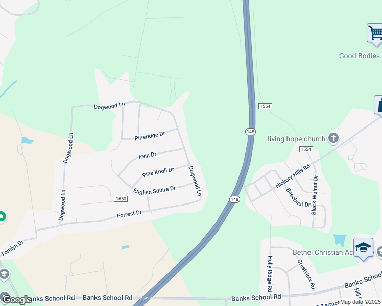 map of restaurants, bars, coffee shops, grocery stores, and more near 2117 Dogwood Lane in Kinston