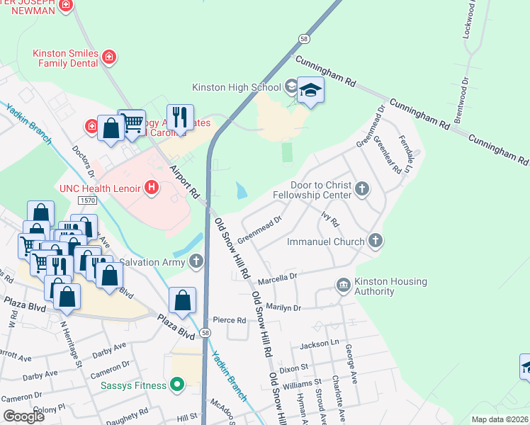 map of restaurants, bars, coffee shops, grocery stores, and more near 520 Linden Avenue in Kinston