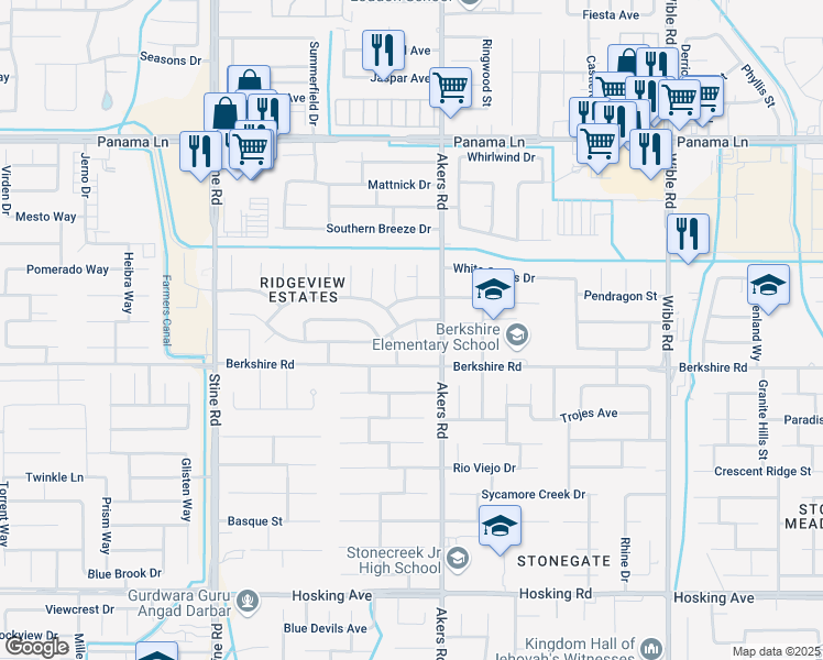 map of restaurants, bars, coffee shops, grocery stores, and more near 4117 Amherst Forest Road in Bakersfield