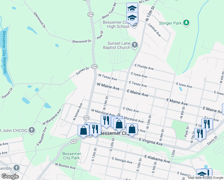 map of restaurants, bars, coffee shops, grocery stores, and more near 204 West Maine Avenue in Bessemer City