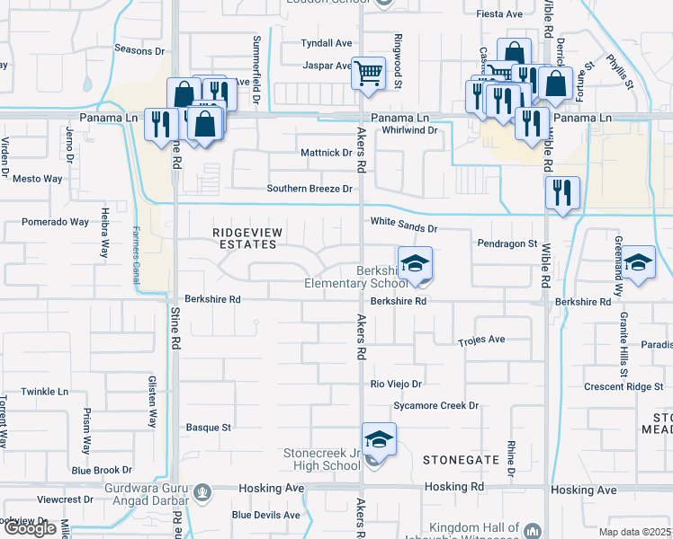 map of restaurants, bars, coffee shops, grocery stores, and more near 4117 Amherst Forest Road in Bakersfield