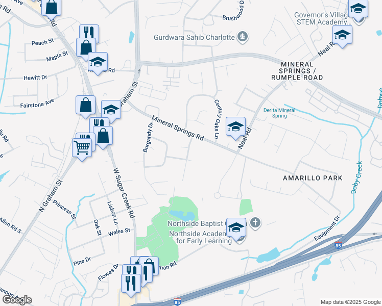 map of restaurants, bars, coffee shops, grocery stores, and more near 2036 Aberglen Drive in Charlotte