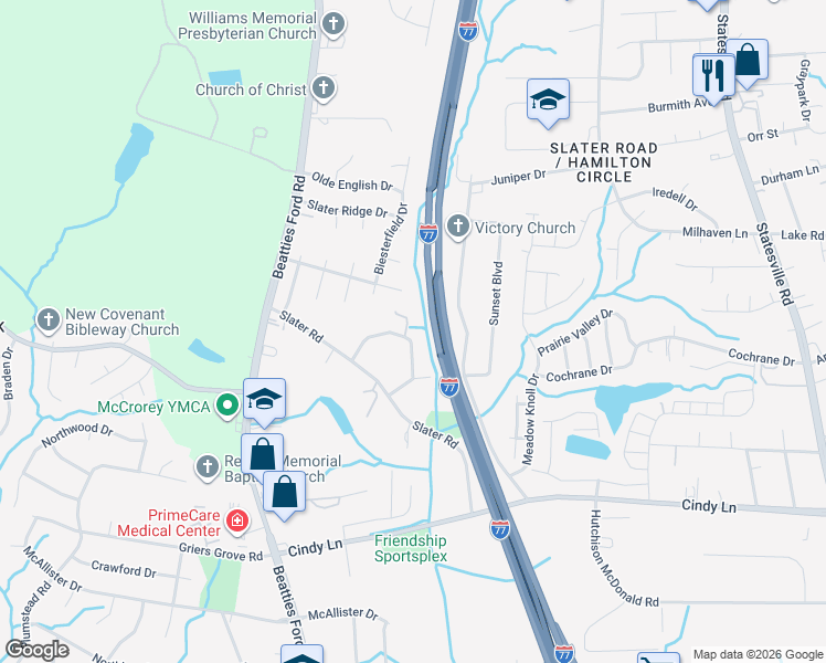 map of restaurants, bars, coffee shops, grocery stores, and more near in Charlotte