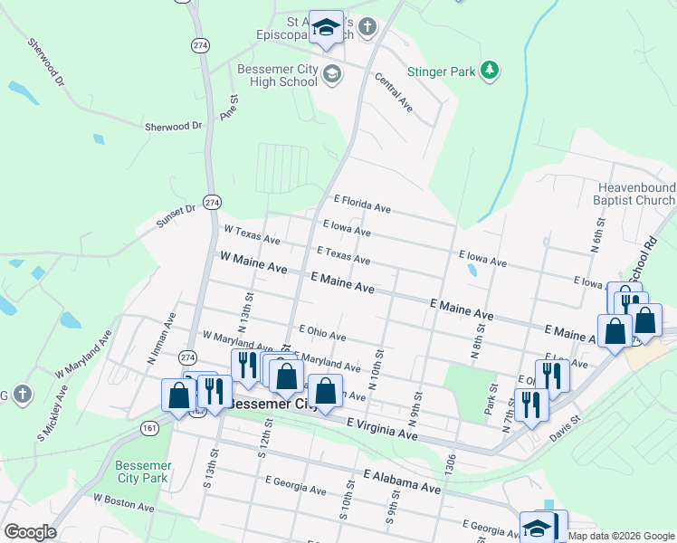 map of restaurants, bars, coffee shops, grocery stores, and more near 124 East Texas Avenue in Bessemer City