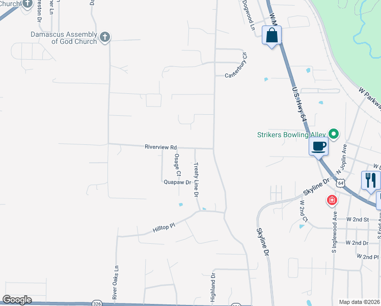 map of restaurants, bars, coffee shops, grocery stores, and more near 306 Treaty Line Dr in Russellville