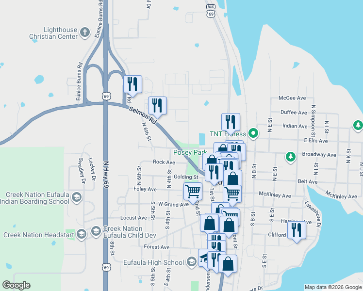 map of restaurants, bars, coffee shops, grocery stores, and more near North 3rd Street in Eufaula