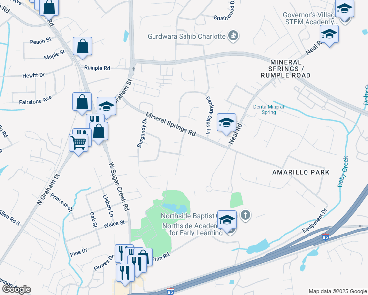 map of restaurants, bars, coffee shops, grocery stores, and more near 2036 Aberglen Drive in Charlotte