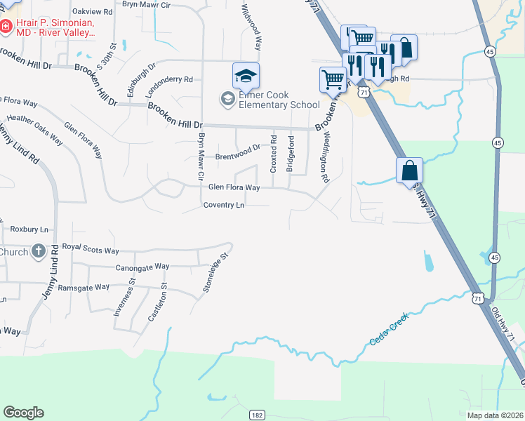 map of restaurants, bars, coffee shops, grocery stores, and more near 3621 Coventry Lane in Fort Smith