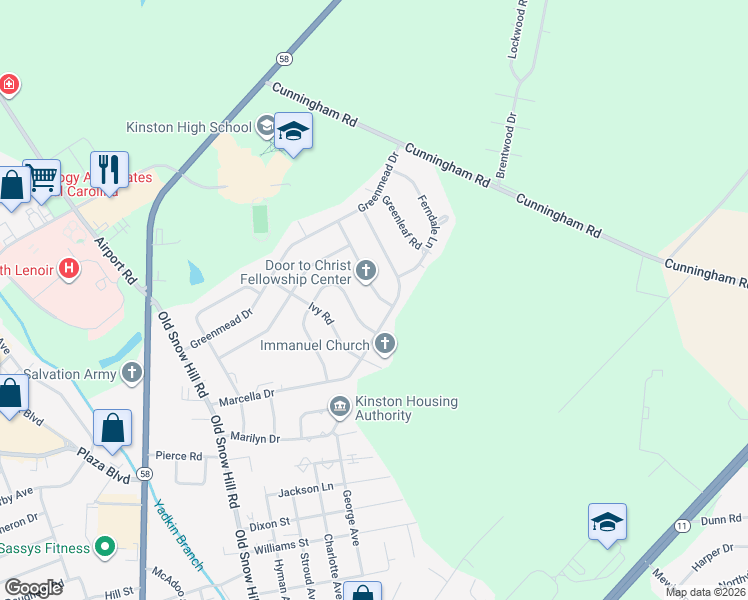 map of restaurants, bars, coffee shops, grocery stores, and more near 2210 Hawthorne Avenue in Kinston