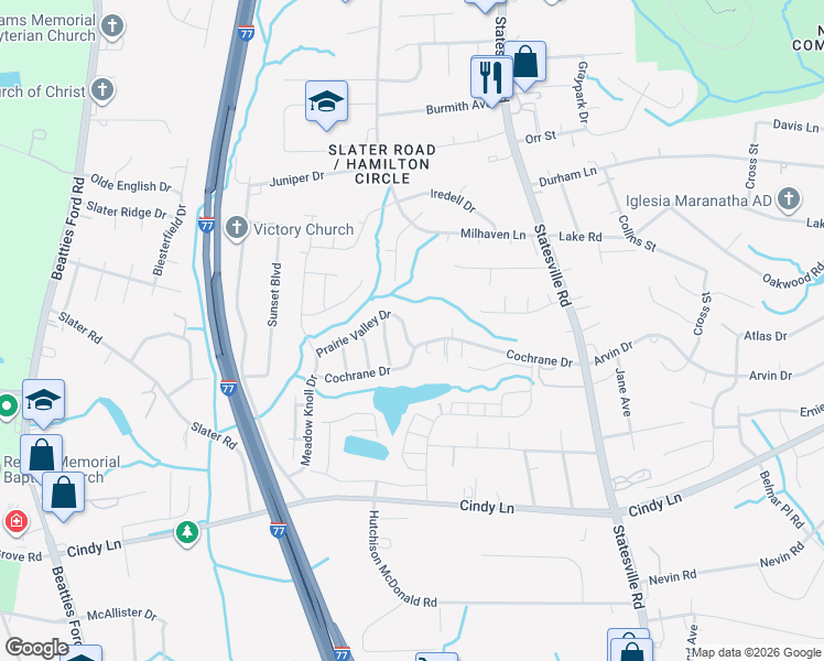 map of restaurants, bars, coffee shops, grocery stores, and more near 1420 Prairie Valley Drive in Charlotte