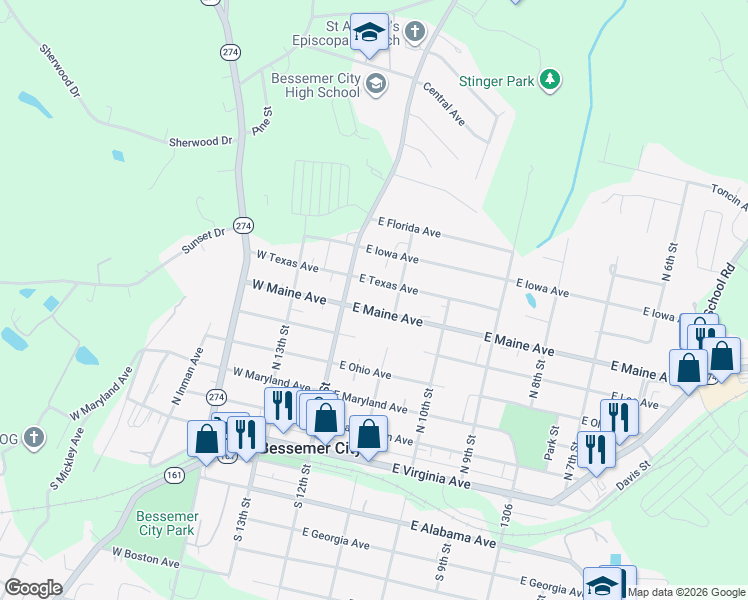 map of restaurants, bars, coffee shops, grocery stores, and more near 124 East Texas Avenue in Bessemer City
