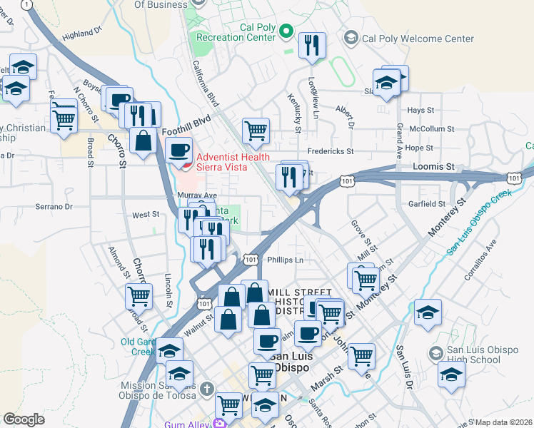 map of restaurants, bars, coffee shops, grocery stores, and more near 505A Hathway Avenue in San Luis Obispo