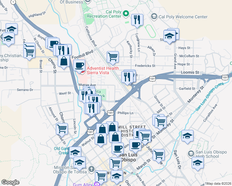 map of restaurants, bars, coffee shops, grocery stores, and more near 505A Hathway Avenue in San Luis Obispo