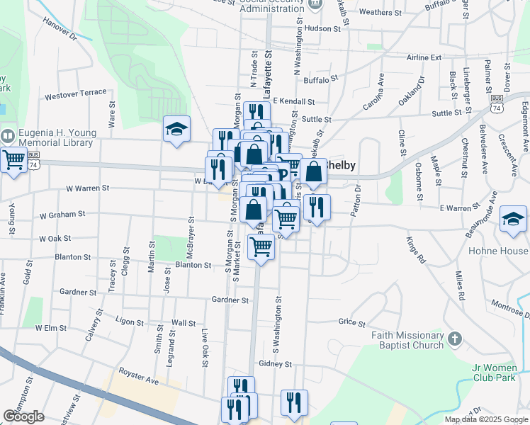 map of restaurants, bars, coffee shops, grocery stores, and more near 105 West Warren Street in Shelby
