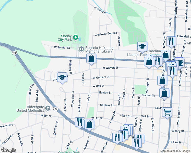 map of restaurants, bars, coffee shops, grocery stores, and more near 205 Gold Street in Shelby