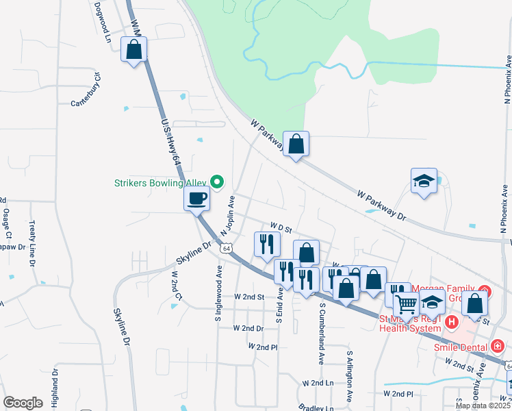 map of restaurants, bars, coffee shops, grocery stores, and more near 400 N Inglewood Ave in Russellville