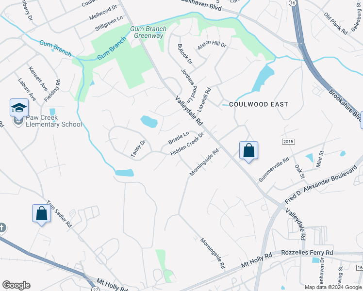 map of restaurants, bars, coffee shops, grocery stores, and more near 7030 Hidden Creek Drive in Charlotte