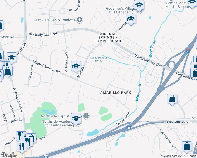 map of restaurants, bars, coffee shops, grocery stores, and more near 6238 Sydney Mae in Charlotte