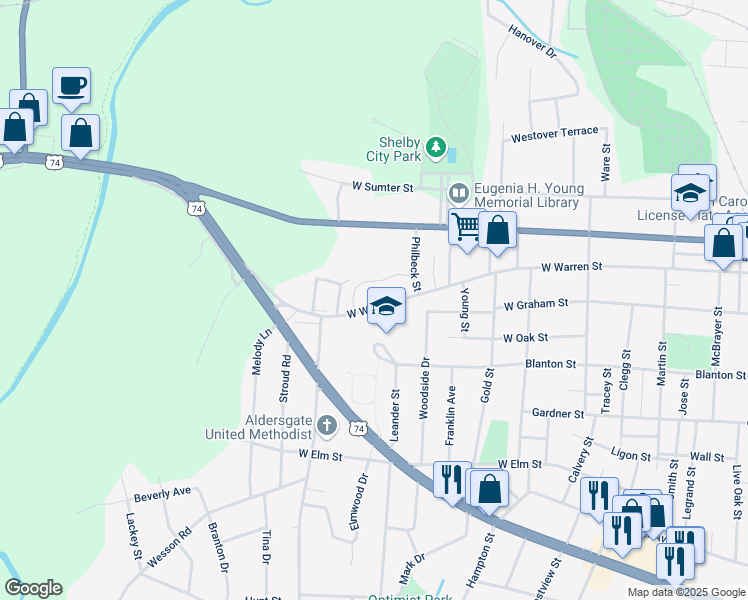 map of restaurants, bars, coffee shops, grocery stores, and more near 900 West Warren Street in Shelby