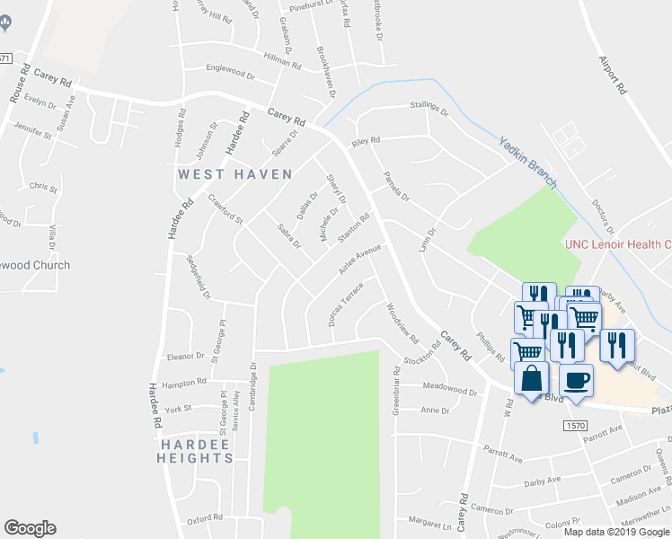 map of restaurants, bars, coffee shops, grocery stores, and more near 1211 Airlee Drive in Kinston