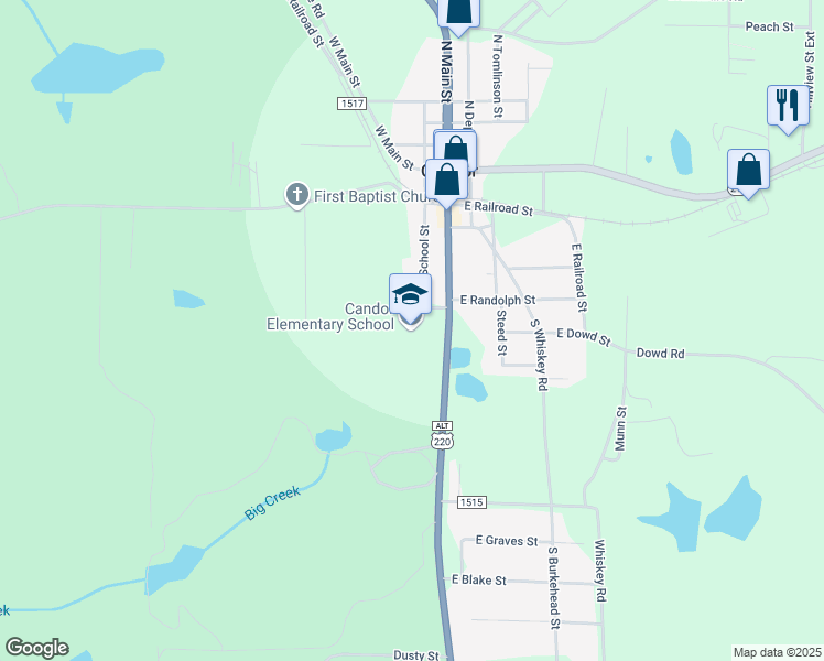 map of restaurants, bars, coffee shops, grocery stores, and more near 414 South Main Street in Candor