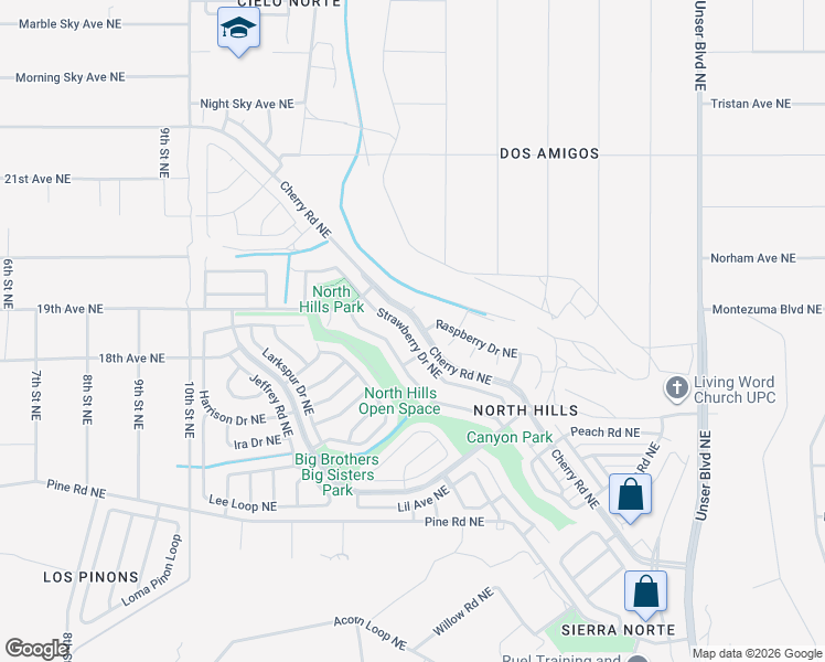 map of restaurants, bars, coffee shops, grocery stores, and more near 1800 Strawberry Drive Northeast in Rio Rancho