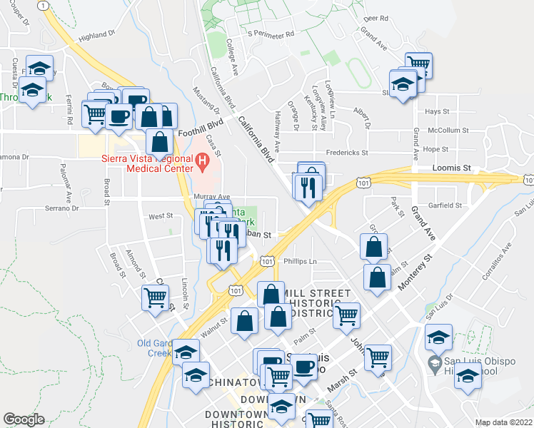 map of restaurants, bars, coffee shops, grocery stores, and more near 524 Ellen Way in San Luis Obispo