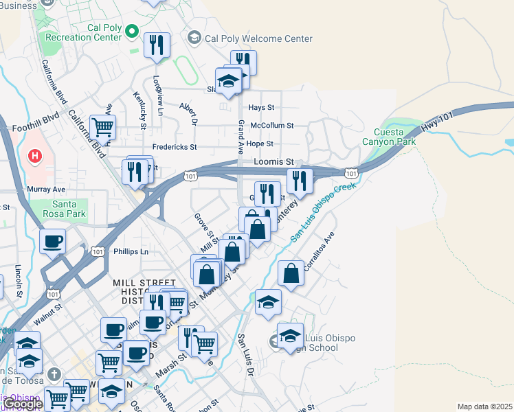 map of restaurants, bars, coffee shops, grocery stores, and more near 16 Garfield Street in San Luis Obispo