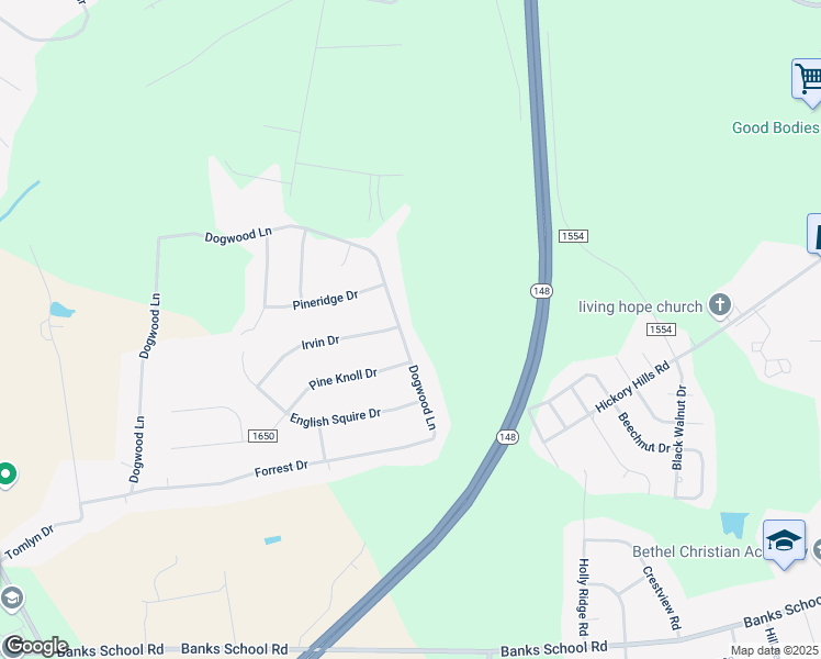 map of restaurants, bars, coffee shops, grocery stores, and more near 2117 Dogwood Lane in Kinston