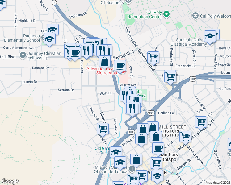 map of restaurants, bars, coffee shops, grocery stores, and more near 883 Murray Avenue in San Luis Obispo
