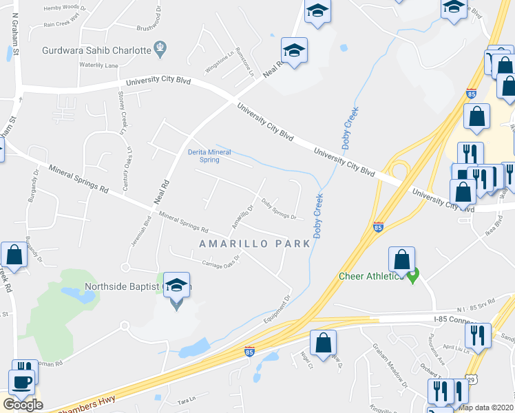 map of restaurants, bars, coffee shops, grocery stores, and more near 1036 Doby Springs Drive in Charlotte
