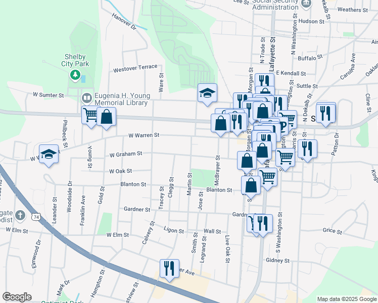 map of restaurants, bars, coffee shops, grocery stores, and more near 208 Martin Street in Shelby