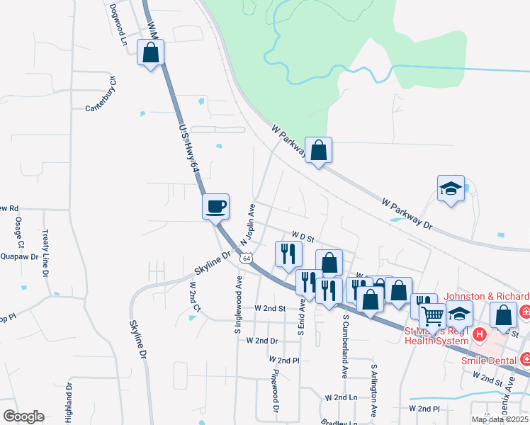 map of restaurants, bars, coffee shops, grocery stores, and more near 2901-3199 West E Street in Russellville