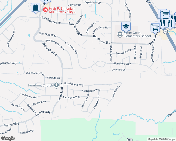 map of restaurants, bars, coffee shops, grocery stores, and more near 3200 Glen Flora Way in Fort Smith