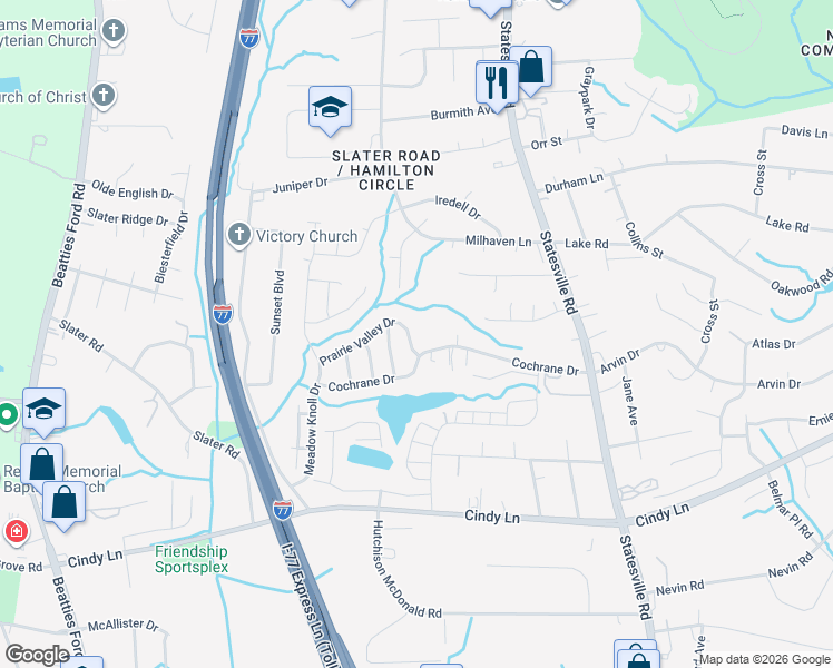 map of restaurants, bars, coffee shops, grocery stores, and more near 1448 Prairie Valley Drive in Charlotte