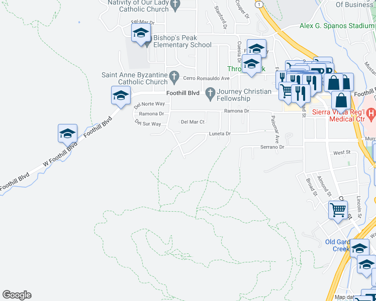 map of restaurants, bars, coffee shops, grocery stores, and more near 236 Hermosa Way in San Luis Obispo