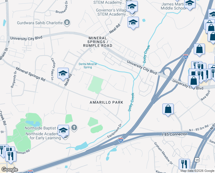 map of restaurants, bars, coffee shops, grocery stores, and more near 1036 Doby Springs Drive in Charlotte