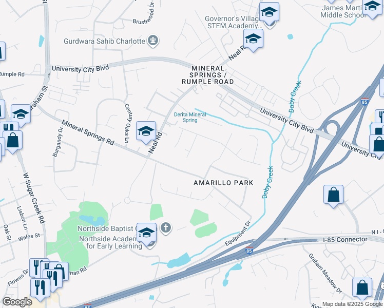 map of restaurants, bars, coffee shops, grocery stores, and more near 6238 Sydney Mae in Charlotte