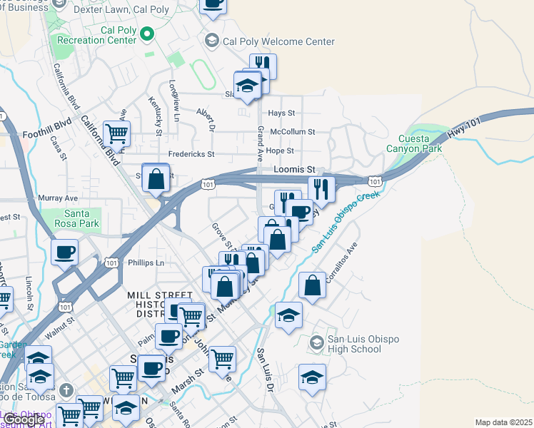 map of restaurants, bars, coffee shops, grocery stores, and more near 738 Grand Avenue in San Luis Obispo