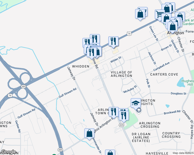 map of restaurants, bars, coffee shops, grocery stores, and more near 6055 Airline Road in Arlington