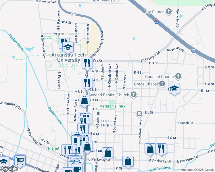 map of restaurants, bars, coffee shops, grocery stores, and more near 1212 North Boston Place in Russellville