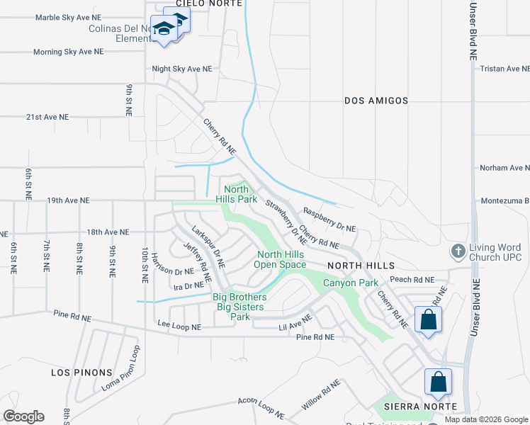 map of restaurants, bars, coffee shops, grocery stores, and more near 1808 Blueberry Drive Northeast in Rio Rancho