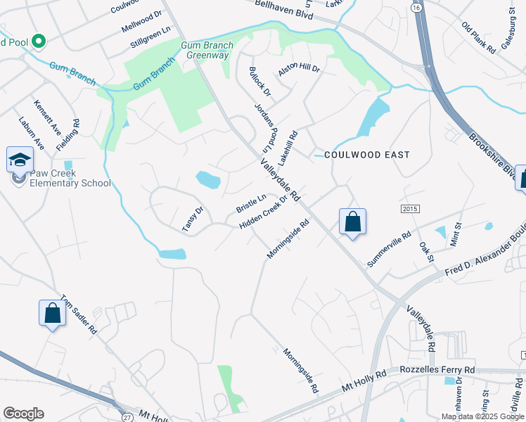 map of restaurants, bars, coffee shops, grocery stores, and more near 6940 Hidden Creek Drive in Charlotte