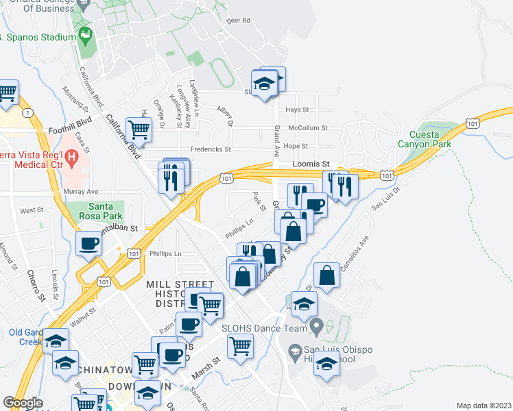 map of restaurants, bars, coffee shops, grocery stores, and more near 657 Park Avenue in San Luis Obispo