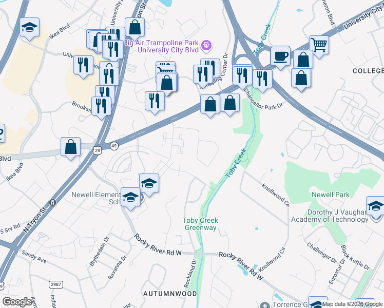 map of restaurants, bars, coffee shops, grocery stores, and more near 414 Joe Whitener Road in Charlotte