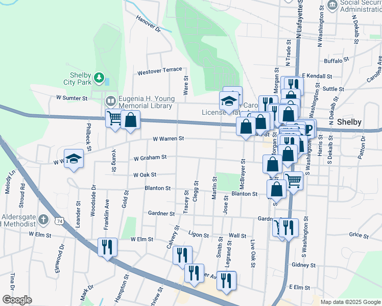 map of restaurants, bars, coffee shops, grocery stores, and more near 612 West Graham Street in Shelby