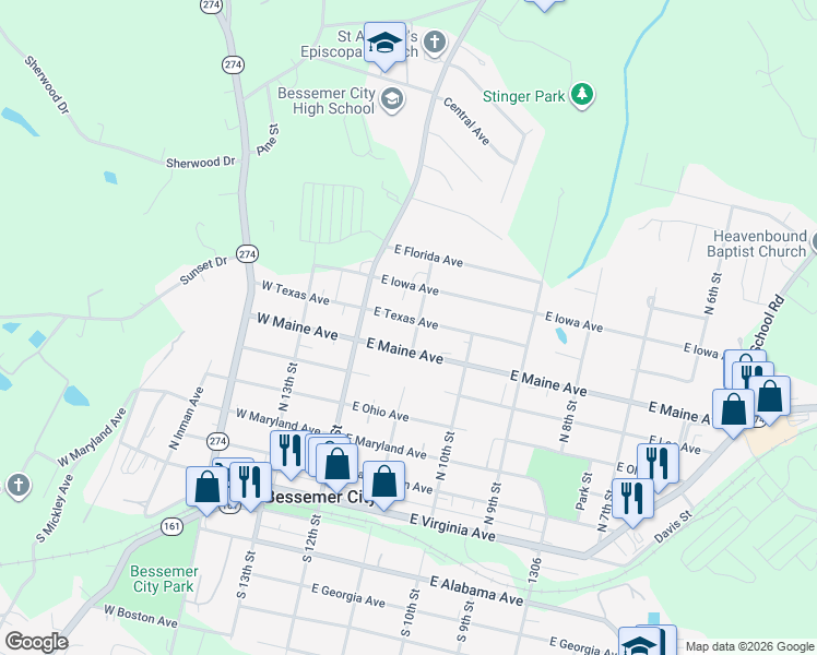map of restaurants, bars, coffee shops, grocery stores, and more near 124 East Texas Avenue in Bessemer City