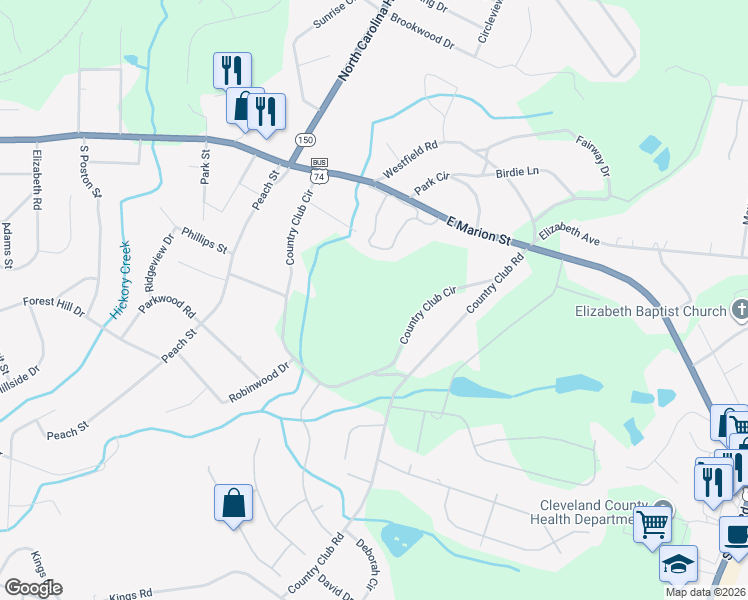 map of restaurants, bars, coffee shops, grocery stores, and more near 1360 East Marion Street in Shelby
